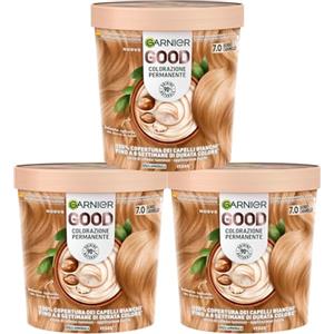 Garnier Good Tinta Colorazione Permanente Fino a 8 Settimane Colore Brillante e Luminoso Copre il 100% dei Capelli Bianchi Formula Vegana Senza Ammoniaca 7.0 Biondo Caramello - 3 Confezioni