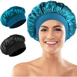 Inexorablex Cuffia Capelli Ricci Notte, Cuffia Seta Capelli Notte, Berretto per Dormire in Raso Morbido e Confortevole (Nero, Blu Pavone)