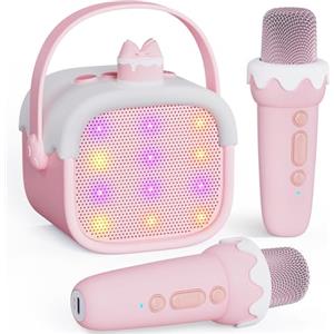 BESCOST Karaoke per Bambini,Karaoke con 2 Microfoni Senza Fili,Regalo Compleanno Bambina 3-12 Anni,Microfono Bambini, Luce LED e Cambia Voce
