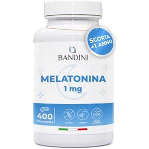 Bandini® Melatonina Forte Pura, 400 Compresse (Scorta + 1 anno), Integratore per Dormire 1mg per Compressa, Facile da Deglutire, Migliora la Qualità del Sonno Regolando il Ciclo Sonno-Veglia, Vegana