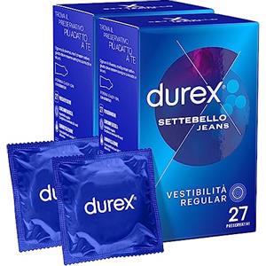 Durex Settebello Jeans Preservativi Uomo in Lattice di Gomma Naturale Trasparenti Extra Lubrificati con Forma Easy-On e Serbatoio Vestibilità Regular Spessore Medio - 2 Confezioni da 27 Profilattici