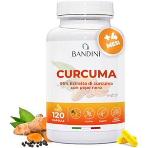 Bandini® Curcuma 120 capsule/4 mesi di fornitura | 700 mg per capsula di Kurkuma al 95% + Piperina dal Pepe Nero (Alto Dosaggio) | Alternativa alla Polvere | Tumeric 100% Vegan Senza OGM