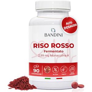 Bandini® RISO ROSSO FERMENTATO da Lievito Monascus Purpureus, 99,7mg Riso Rosso, 2,9mg di Monacolina K, Senza Additivi, Vegan, Senza OGM, Made in Italy, 90 Compresse Facili da Deglutire (3 mesi)