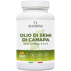 Bandini® Olio di Canapa 1000mg per Softgel | 180 Perle Vegane Spremute a Freddo | Scorta 6 Mesi | 1 al Giorno | Fonte Naturale di Omega 3 6 9 | ALA, Acido Linoleico e Oleico | Semi di Canapa Sativa
