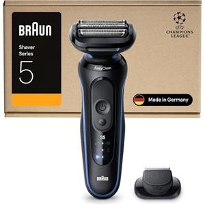 Braun Serie 5 Rasoio Elettrico Barba, Wet&Dry, Regolabarba Uomo, Rasoio Barba, 50 Min Di Utilizzo, Accessorio Rifinitore di Precisione, Senza Fili, 100% Impermeabile, 52-B1200SI, Blu