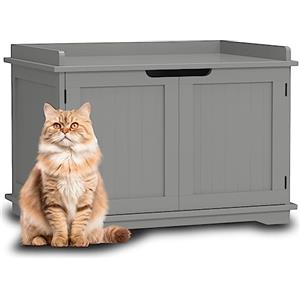 BAKAJI Mobile Lettiera per Gatti Rialzato Grigio con Ingresso Laterale Rotondo e Chiusura Magnetica - Armadietto Multiuso 72 x 51 x 52 cm