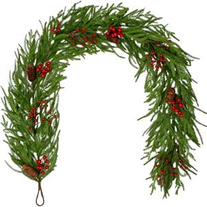 Oairse Ghirlanda natalizia artificiale con pigne e bacche rosse, 180 cm, realistica, decorazione da appendere per camino, camino, scale, porte, finestre, vacanze, interni ed esterni