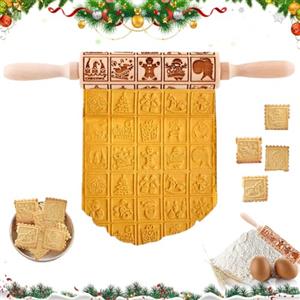 GTJEOI Mattarello Natale, Mattarellos Inciso, 35 * 4.5cm Goffratura Mattarell-o, Mattarello in Legno 3D, Goffratura Rullo di Legno, Mattarell-o in Rilievo Utensile per DIY Cottura Biscotti Impasto Pizza (y)