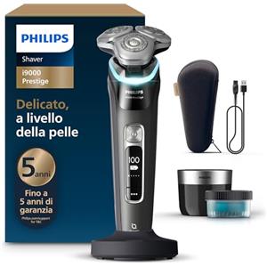 Philips Shaver i9000 Prestige, rasoio elettrico Wet & Dry, tecnologia Skin IQ, triplo sistema Lift & Cut, doppie lame in acciaio di precisione 360º, pod per pulizia rapida, modello XP9207/30