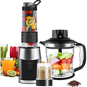WAWORIO Frullatore Portatile, 3 in 1 Mini Frullatore Smoothie 700W/ Tritatutto/Macinino con 570ML Bottiglia, Elettrico Frullatore Professionale per Frutta Verdura Fare Succhi Frullati, Senza BPA
