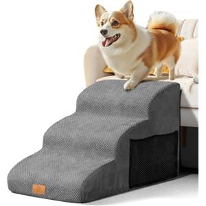Masthome Scaletta per Cani 3 Gradini, Masthome Scala per Cani in Spugna, Rampa Cane per Letto/Divano, Scale per Cuccioli, Gatti e Animali Anziani/Feriti, con Copertura Rimovibile e Lavabile (Grigio)