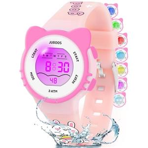 Juboos Orologio Bambina,con Cinturino Stampato e 7 Luci Colorate,Orologio Digitale Impermeabile per Bambini con Orecchie da Gatto per Ragazzo e Ragazza da 4 a 12 Anni (Polvere di carne)