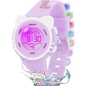 Juboos Orologio Bambina,con Cinturino Stampato e 7 Luci Colorate,Orologio Digitale Impermeabile per Bambini con Orecchie da Gatto per Ragazzo e Ragazza da 4 a 12 Anni (Violetta chiara)