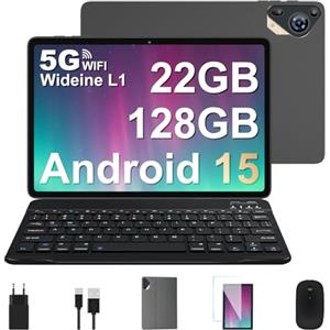 SKYEGG Tablet 10 Pollici Android 15 con 22GB RAM + 128GB ROM (Espandibile Fino a 1 TB), Widevine L1, Octa-Core 2.0GHz, Wi-Fi 5GHz/2.4GHz, 5MP+8MP, 8000mAh, 2 in 1 Tablet con Tastiera e Mouse, Grigio