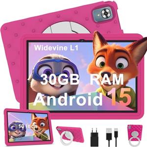DMOAO Tablet Bambini 10 Pollici Android 15 con 30GB RAM, 5G Wi-Fi 6, 64GB ROM(2TB), Control Parental, Octa-Core, 8MP+5MP, 6000mAh, Custodia Protettiva EVA + Supporto Girevole a 360°, Rosa