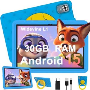 DMOAO Tablet Bambini 10 Pollici Android 15 con 30GB RAM, 5G Wi-Fi 6, 64GB ROM(2TB), Control Parental, Octa-Core, 8MP+5MP, 6000mAh, Custodia Protettiva EVA + Supporto Girevole a 360°, Blu