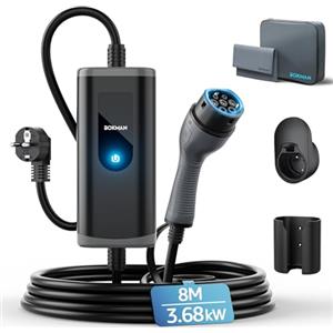 bokman Colonnina Ricarica Auto Elettrica, 8 Metri,16A, 3,68kW Wall Box Tipo 2 Caricabatterie EV con Spina Schuko Compatibile con Model Y/3, 500e, e-208 e Altri EV/PHEV