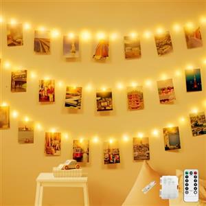 CNMTCCO 100 luci a LED con clip per foto, 10 m, alimentate a batteria, con 50 clip per appendere foto, con telecomando, 8 modalità, luci per camera da letto, matrimoni, feste, compleanni, Halloween