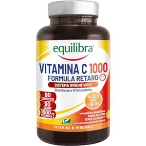 Equilibra Vitamina C Altodosata 1000mg, 90 Compresse,Scorta 3 mesi | Rilascio 6 ore, Normale Funzione del Sistema Immunitario, Senza Glutine e Lattosio,adatto ai vegani