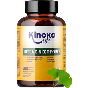 Kinoko life Ginkgo Biloba Forte 180 Capsule con Bacopa, Fosfatidilserina, Criniera di Leone, Tirosina, Niacina e Vitamine B Complex per Memoria e Concentrazione.