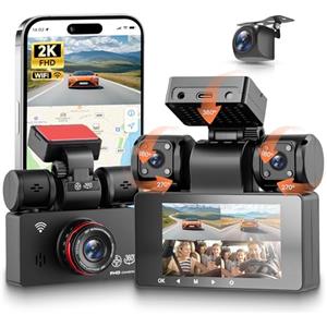 Rimoody 4 Canali 360° WIFI Dashcam Auto, 2K+1080P 4 Telecamera Anteriore e Posteriore Sinistra Destra, 3 IPS WiFi Dash Cam 8 IR Visione Notturna, WDR/Controllo APP/G-Sensore/Loop Video/24H Parcheggio Monitor