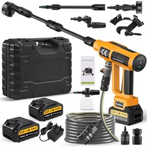 Worshow Idropulitrice a Batteria, 21V 200 Bar Idropulitrice Portatile con 2 x 3000mAh Batterie, Ugello 6 in 1 & Tubo da 5m per Pulire Pavimenti, Auto, Giardini - Giallo