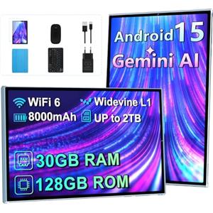 SKYEGG Tablet 10 Pollici Android 15 con Gemini AI, 30GB RAM 128GB+2TB Esp., Octa-Core, WiFi 6 BT 5.0, Widevine L1, Batteria 8000mAh, Fotocamera 8/5 MP, Tastiera Mouse Custodia, Corpo in Metallo - Verde Acqua