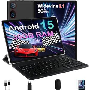 DMOAO Tablet 10 Pollici Android 15 con 30 GB RAM + 2TB ROM Espansione, FHD Tablet con Tastiera e Mouse, 5G Wi-Fi, GPS, Widevine L1, Octa-Core, USB-C, BT 5.0, 6000 mAh, 8MP+5MP, Gemini AI, Nero scuro
