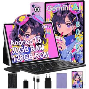 Dghrti Tablet Android 15, 30GB RAM 128GB ROM(TF 2TB Espandibile), 10 Pollici, 8000mAh, WIFI 5G/ GPS/ BT5.0/ OTG, Face ID, Widevine L1, Tablets Corpo in Metallo con Tastiera, Mouse, Custodia Protettiva -Viola