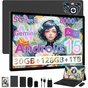 Dghrti Tablet Android 15 [30 GB RAM 128 GB ROM] (1TB/TF espandibile), 10 Pollici, 8000 mAh, WIFI 5G/BT5.0/OTG, Face ID, Tablet Corpo Metallico con Tastiera, Mouse e Custodia protettiva -Nero