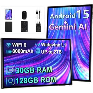 SKYEGG Tablet 10 Pollici Android 15 con Gemini AI, 30GB RAM 128GB ROM+2TB Esp., Octa-Core, WiFi 6 BT 5.0, Widevine L1, Batteria 8000mAh, Fotocamera 8/5 MP, Tastiera Mouse Custodia, Corpo in Metallo - Nero