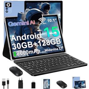 ZIOVO Tablet 10 Pollici Android 15,30GB RAM+128GB ROM(TF 2TB) Tablets,5G WiFi Tablets,Octa-Core 2.0 GHz/Gemini AI/Widevine L1/8000 mAh/Bluetooth 5.0/GPS/Face ID/2 in 1 Tablet con Tastiera e Mouse-Blu