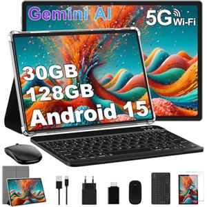 Dghrti 10 Pollici Tablet Android 15,30GB RAM+128GB ROM (2TB TF),Octa-Core,FHD IPS,USB-C/8000mAh,Wi-Fi 5G, BT5.0, 5MP+8MP,Touch Screen,Facial ID,Corpo in Metallo Tablets PC con Tastiera, Mouse -Grigio