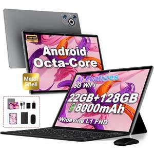 Dghrti 2025 Tablet 10 pollici Android 14, 22GB RAM 128GB ROM/TF 1TB, Octa-Core, 8000mAh, Corpo in Metallo, Face ID, Doppio WiFi, 8MP+5MP, Widevine L1, Protezione Occhi, Tastiera, Mouse, Gray