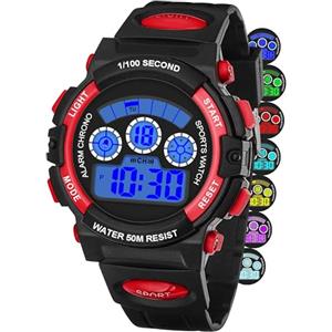 DTKID Orologio Digitale Bambino LED a 7 Colori, Orologio Bambino con Sveglia, Timer, Datario, Impermeabile Orologi per Bambini Sportivo da Esterno, per Ragazzi Ragazze e Adolescenti (Nero/Rosso)