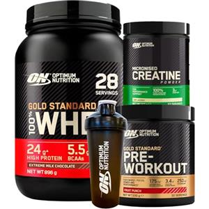 Optimum Nutrition Gold Standard 100% Whey Proteine Cioccolato Latte 896g 28 Porzioni + Pre-Workout Mix Frutta 330g 30 Porzioni + Micronised Creatine Monohydrate 317g 93 Porzioni + SHAKER