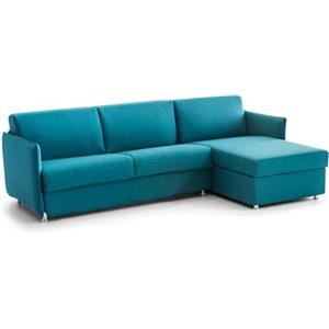 Talamo Italia -Divano letto con penisola Pina, Sofà angolare trasformabile per salotto, imbottito, sfoderabile, Qualità 100% Made in Italy, 260x160 h90 cm, Azzurro