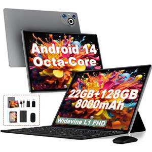 Dghrti 2025 Tablet 10 pollici Android 14, 22GB RAM 128GB ROM/TF 1TB, Processore Octa-Core, 8000mAh, Corpo in Metallo, Face ID, 8MP+5MP, Doppio WiFi, Widevine L1, Protezione Occhi, Tastiera, Mouse, Gray