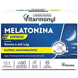 Vitarmonyl Melatonina Express - Integratore alimentare per il Sonno e il Jet Lag - Melatonina per Dormire - Gusto Menta - Senza Zuccheri - Confezione da 60 compresse orosolubili - Vitarmonyl