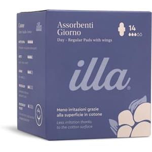 Illa Care illa Assorbenti Giorno - Assorbenti Anatomici con Ali - Superficie in Cotone al 100% - Per i Giorni del Ciclo di Flusso Medio - Protezione Quotidiana - 1 Confezione da 14 Pezzi
