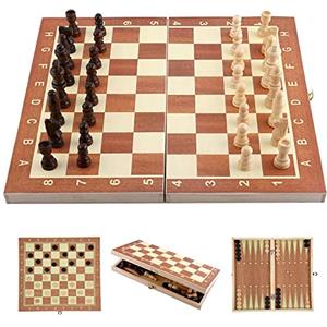 GUTEINTE Scacchiera in Legno, Scacchi Dama e Backgammon, 3 in 1 Chess e Checkers e Backgammon, Scacchi da Viaggio Pieghevole Portatile (29CM)