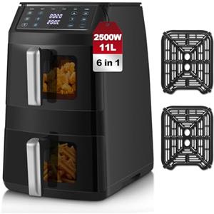 TopStrong Friggitrice ad Aria Doppio Cestello, 11 Litri Air Fryer Verticale 2 Cestelli con Finestra, 40-220℃, 6 Funzioni, Compatta, 2500W, Fino a 8 Persone, Componenti Lavabili in Lavastoviglie