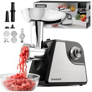 Juissiart Tritacarne Elettrico Juissiart - 2 livelli di velocità per Grandi Quantità, Grande Maneggevolezza, Funzione Reverse, Tanti Accessori Inclusi, 2400W Max, Nero, Acciaio Inox