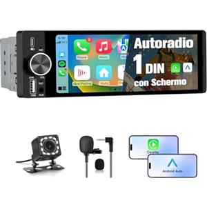 Hexinex Autoradio Bluetooth 1 DIN con Schermo CarPlay & Android Auto Wireless FM Tipo-C Comandi al Volante