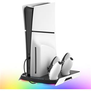 NITHO Supporto PS5 con Ventola di Raffreddamento e Doppia PS5/Edge Controller Charger, Base Verticale Multifunzione Compatibile con PS5/Pro/Slim, con Hub USB e Luci RGB - Accessori PS5