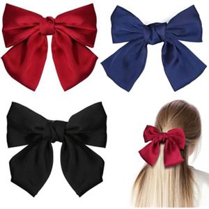 Bessy shop 3PCS Bow Hair Clip Hair Bows Barrettes in Colori Solidi Grande Fiocco Hairpin con Nastro- French Hair Clips per Capelli per Donne e Ragazze(Blu Scuro,Nero,Rosso)
