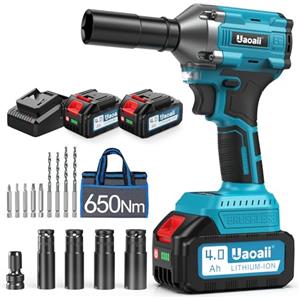 Uaoaii Avvitatore a impulsi a batteria da 650 N.m, 2 pezzi da 4000 mAh e caricatore rapido, avvitatore a percussione con 5 ugelli a percussione e 8 punte, avvitatore a percussione per auto e uso