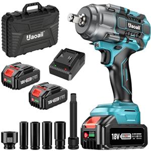 Uaoaii Avvitatore a percussione a batteria da 1300 N.m, avvitatore a percussione, batteria per camion, cambio pneumatici con due batterie da 5000 mAh, trapano elettrico a percussione motore senza