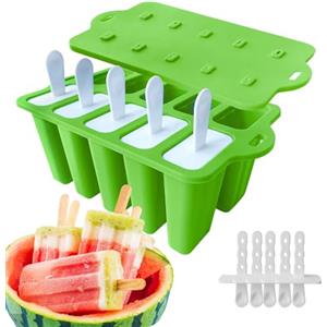 JDH Silicone Stampi per Ghiaccioli in Silicone Stampo Stampi per Gelato senza BPA, DIY Stampi Riutilizzabili di Gelati 10 Cavità in Silicone, Stampo Ghiaccioli per Bambini Adulti con Bastoncino e Coperchio