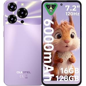 OUKITEL C69 Smartphone Android 15-7.2" HD+ 120Hz Schermo, 64MP+8MP Camera 6000mAh Telefono Cellulare, 16GB RAM+128GB ROM(TF 1TB) Cellulare 4G, Dual SIM Telefono/Face ID/Impronta digitale/OTG,Viola